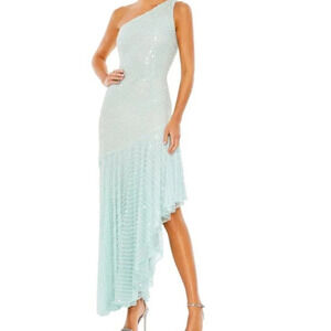 NWT Mac Duggal Imitation Pearl One-Shoulder Asymmetric Gown in Seafoam Size 4